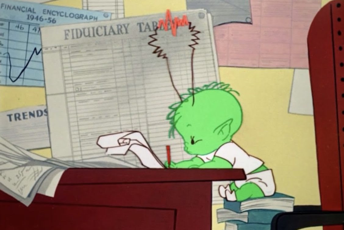 A still from a 1956 cartoon, Rocket-Bye Baby, in which a green alien baby sits at a desk in his diaper and cruches numbers 