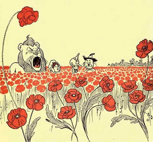 William Wallace Denslow's illustration of Dorothy, the Cowardly Lion, the Tin Man, and Scarecrow in a poppy field, 1900