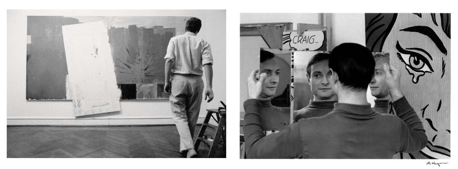 Left: Jasper Johns (Taurus) in his studio, 1964, with a painting called Studio; photographed by Ugo Mulas. Right: Roy Lichtenstein (Scorpio) in his studio with his 1964 painting Happy Tears